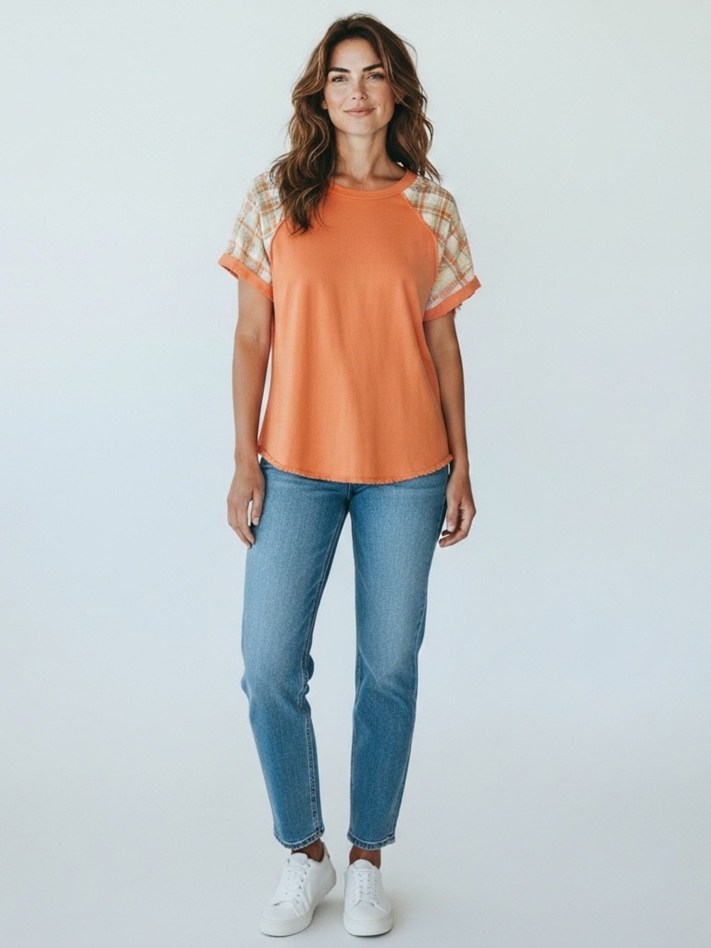 Umgee Orange Short Sleeve Shirt with Plaid Eyelet Sleeves